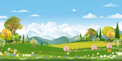 Poster Seamless pattern Spring field with fluffy cloud on blue sky,Vector background banner Endless Cute cartoon panorama rural landscape green grass with honey bee flying on flowers in sunny day Summer © Anchalee