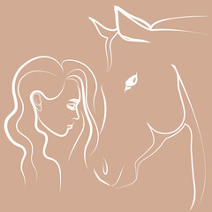 Silhouette of a girl and a horse in line art style on a beige background
