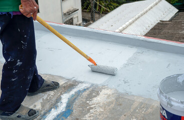 Hand painted gray flooring with paint rollers for waterproof, reinforcing net,Repairing...