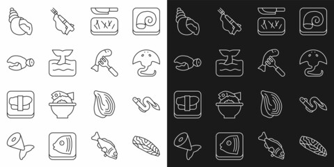 Set line Fish steak, Eel fish, Stingray, Cutting board and knife, Whale tail ocean wave, Lobster or crab claw, Scallop sea shell and Served on plate icon. Vector