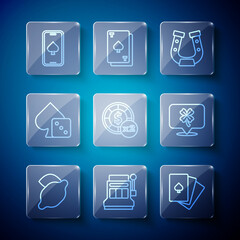 Set line Casino slot machine with lemon, Slot, Deck of playing cards, Horseshoe, chips, Game dice, Online poker table game and clover icon. Vector