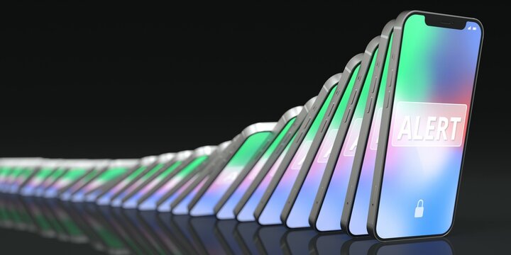 Line of falling mobile phones with ALERT message on the screens, domino effect, 3d rendering