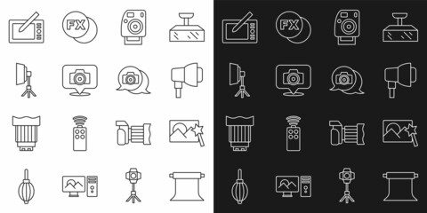 Set line Empty photo studio, Photo retouching, Softbox light, camera, Graphic tablet and icon. Vector