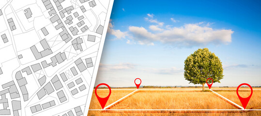 Land plot management - real estate concept with a vacant land and lone tree on a wheat field available for building construction in a residential area for sale and imaginary cadastral map - obrazy, fototapety, plakaty
