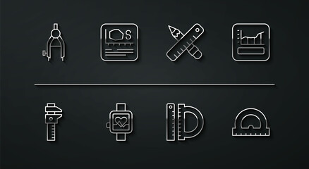 Set line Drawing compass, Calliper or caliper and scale, Graph, schedule, chart, diagram, Protractor ruler, Smart watch, Area measurement, and Crossed pencil icon. Vector