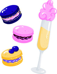 A glass of champagne. cotton candy, three macaroon cakes. Set of elements
