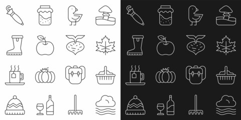Set line Windy weather, Basket, Leaf or leaves, Little chick, Apple, Waterproof rubber boot, Umbrella and Beet icon. Vector