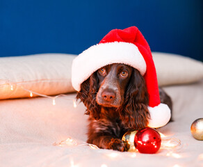 Large portrait of a Russian spaniel in a red Santa Claus hat playing with Christmas toys, gold balls, and jumping on the bed