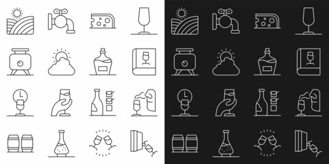 Set line Wine tasting, degustation, Sommelier, Book about wine, Cheese, Sun and cloud weather, Fermentation of grapes, Vineyard and Old bottle icon. Vector