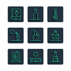 Set line Cardboard box of wine, Drought, Bottle, Meteorology thermometer, Decanter for, Wine tasting, degustation, Book about grapes and Old bottle icon. Vector