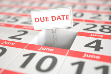 DUE DATE sign on June 3 in a calendar, 3d rendering