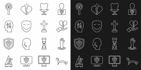 Set line Armchair, Helping hand, Broken heart or divorce, Comedy theatrical mask, Solution to problem, and Graves funeral sorrow icon. Vector