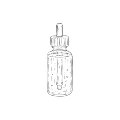 Bottle with dropper for essential oils, engraving vector illustration isolated.