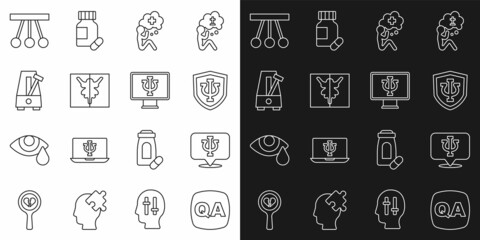 Set line Question and Answer, Psychology, Psi, Helping hand, Rorschach test, Metronome with pendulum, Pendulum and Psychologist online icon. Vector