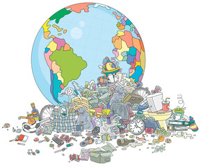 Global recycling day. Earth in a large messy dump of household garbage and waste, vector cartoon illustration isolated on a white background