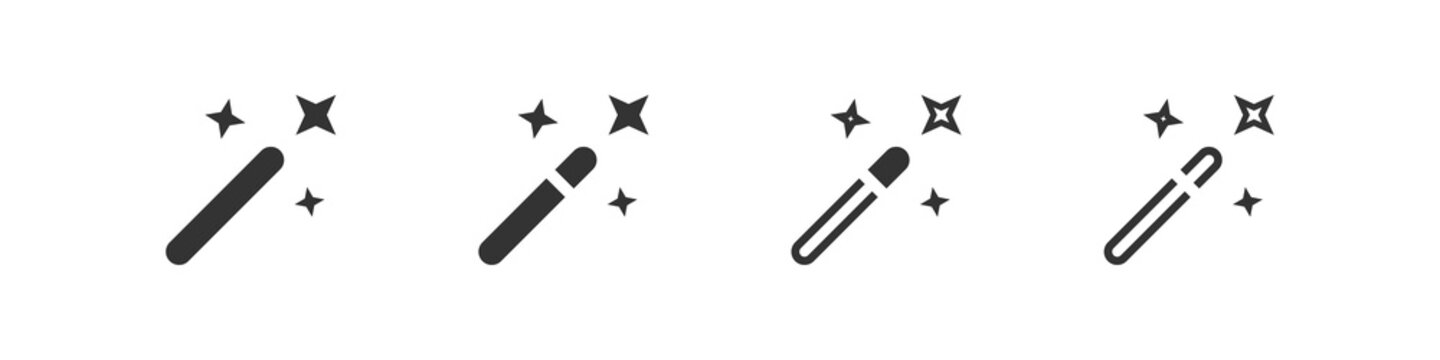 Magic wand icon set. Wizard stick symbol. Magician star logo, outline design in vector flat