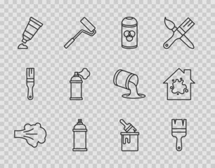 Set line Paint spray, brush, can, Tube with paint palette, bucket and Painting the house icon. Vector