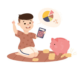 Little Boy with Piggy Bank Calculating Coins Engaged in Economic Education and Financial Literacy Learning Saving and Investing Money Vector Illustration