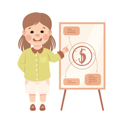 Little Girl Showing Presentation on White Board Engaged in Economic Education and Financial Literacy Learning Saving and Investing Money Vector Illustration