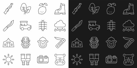 Set line Rhinoceros, Swiss army knife, Cloud with rain, Lemon, Safari car, Machete, Hunting gun and Centipede insect icon. Vector