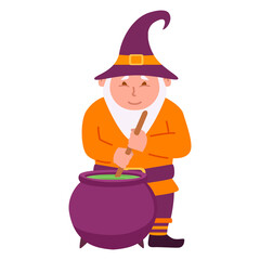 Halloween gnome character .Wizard is brewing a potion in a cauldron.Isolated on white background.Vector flat illustration.