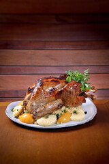 Brazilian-style turkey, with farofa, peaches and pineapple