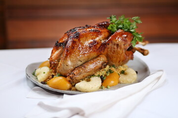 Brazilian-style turkey, with farofa, peaches and pineapple
