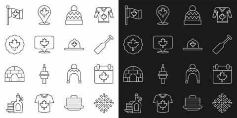 Set line Snowflake, Canada day with maple leaf, Paddle, Beanie hat, Canadian, Flag of and ranger icon. Vector