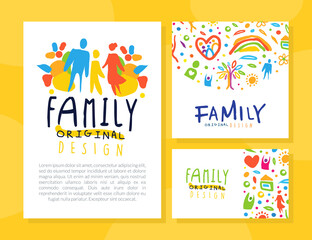 Bright Family Card with Abstract Parent and Kid with Heart and Home Element Hand Drawn Vector Template