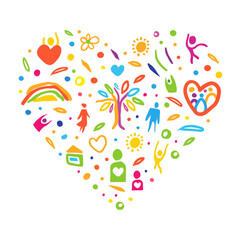 Bright Family Heart Composition with Abstract Parent and Kid with Heart and Home Element Hand Drawn Vector Template