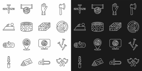 Set line Wooden axe, Metallic nails, logs, Protective gloves, Tree stump, plane tool, and beam icon. Vector