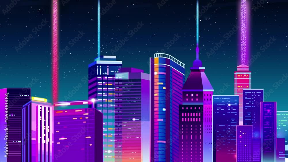 Poster retro and futuristic seamless car loop animation 4k with beautiful building and selective glowing bl