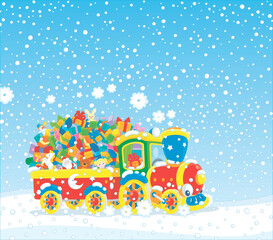 Winter background with a cute toy train with steam locomotive pulling a carriage of Christmas gifts for children, vector cartoon illustration