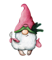 Watercolor christmas gnome in cartoon style. Funny illustration for a new year card or print