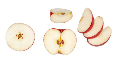 Red apple slices isolated on a white background, top view