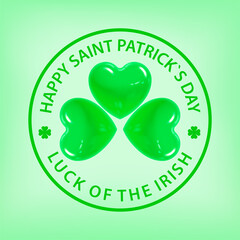 The concept of a postcard for the holiday of St. Patrick in the form of a shamrock of green hearts on a light green background. For printing and decoration of holiday invitation cards. Vector
