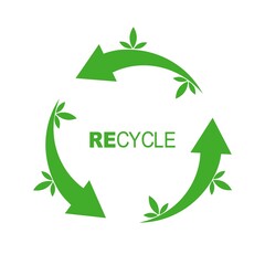 Garbage recycling logo. Vector recycling arrows with the small green leafs. Reuse Reduce Recycle. Conscious consumption.reuse waste cycle concept. Flat design for ecology campaign.
