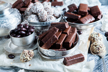 Assortment of delicious chocolate candies background. Chocolate candy 