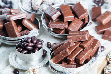 Assortment of delicious chocolate candies background. Chocolate candy isolated 