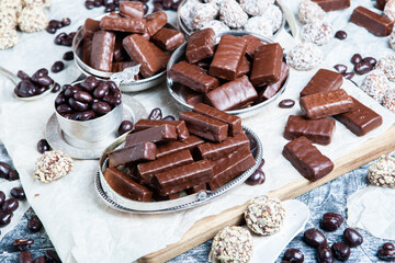 Assortment of delicious chocolate candies background. Chocolate candy isolated 