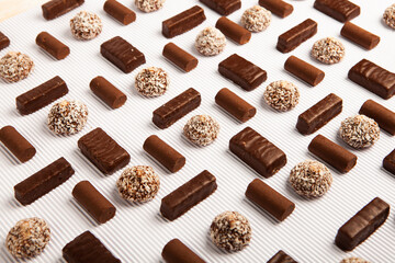 Assortment of delicious chocolate candies background. Chocolate candy isolated 