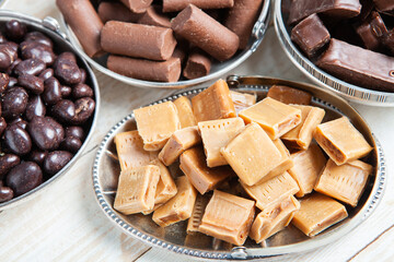 Assortment of delicious chocolate candies background. Chocolate candy isolated 