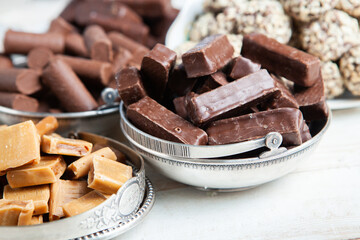 Assortment of delicious chocolate candies background. Chocolate candy isolated 
