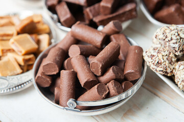 Assortment of delicious chocolate candies background. Chocolate candy isolated 