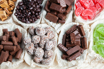 Assortment of delicious chocolate candies background. Chocolate candy isolated 