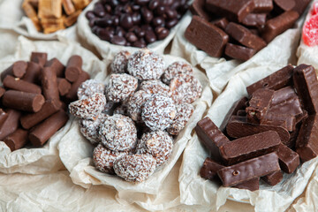 Assortment of delicious chocolate candies background. Chocolate candy isolated 