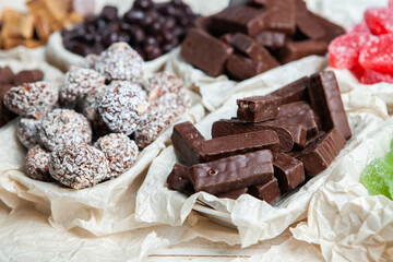 Assortment of delicious chocolate candies background. Chocolate candy isolated 