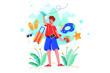 Boy planning for a vacation trip Illustration concept. Flat illustration isolated on white background.