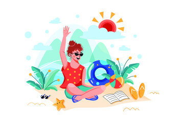 Girl enjoying summer vacation Illustration concept. Flat illustration isolated on white background.