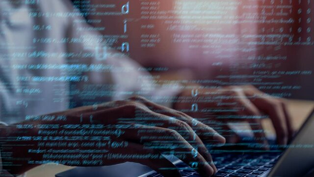 Conceptual programming and coding of future software . 3D render computer graphic .